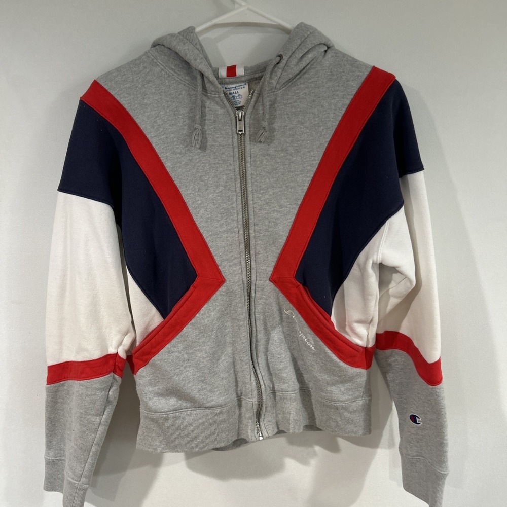 VTGChampion Reverse WeaveHoodie Jacket Full Zip Gray WhiteBlue Red Women's Small